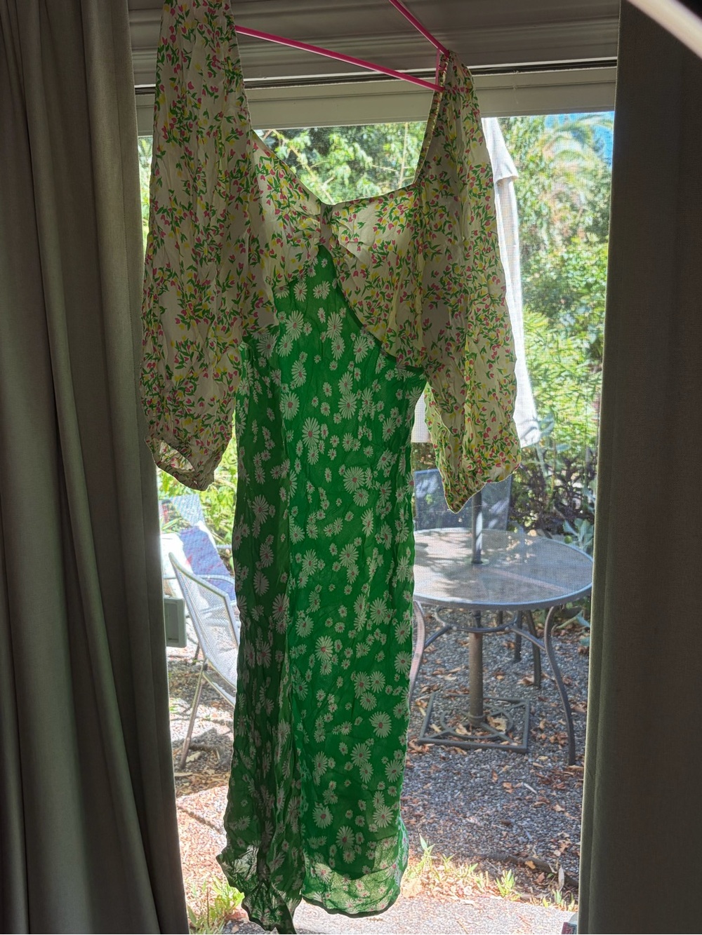 RIXO Green Daisy-Print Midi Dress with Floral Sleeve Overlay